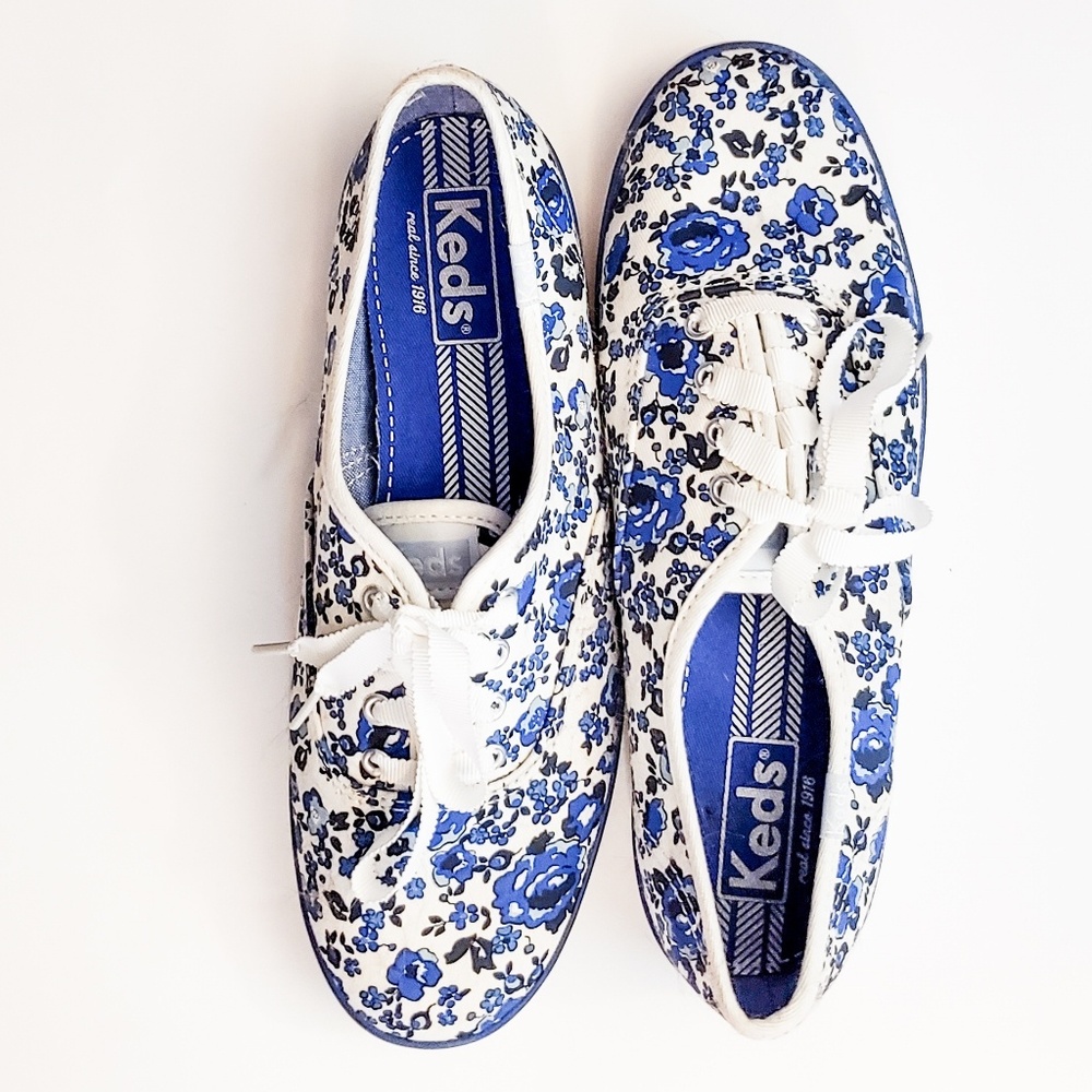 Keds White Canvas Sneakers with Blue Floral Print